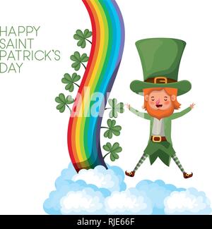 happy saint patrick`s day label with leprechaun and rainbow Stock Vector